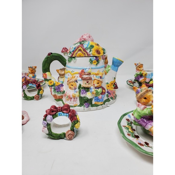 Springtime Tea Set 19pc Set New Open Box Rabbits Bunny Working Set - Picture 5 of 14